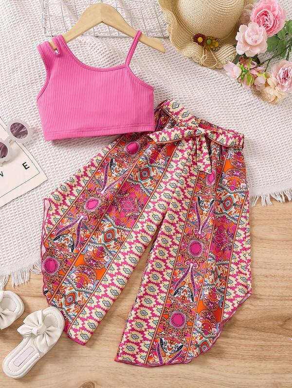 SHEIN Conjunto Sólido De Top Y Pantalón De Pierna Ancha Impreso Para Niñas Jóvenes