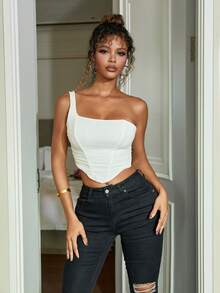 時尚情人節網紗荷葉邊單肩魚骨細節綁帶後背馬甲胸衣派對上衣 - 白色 - 查看 7