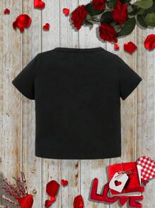 SHEIN Leap Crew Baby Boy's Casual Simple Heart & Letter Print Short Sleeve Top Suitable For Summer - Black - View 2