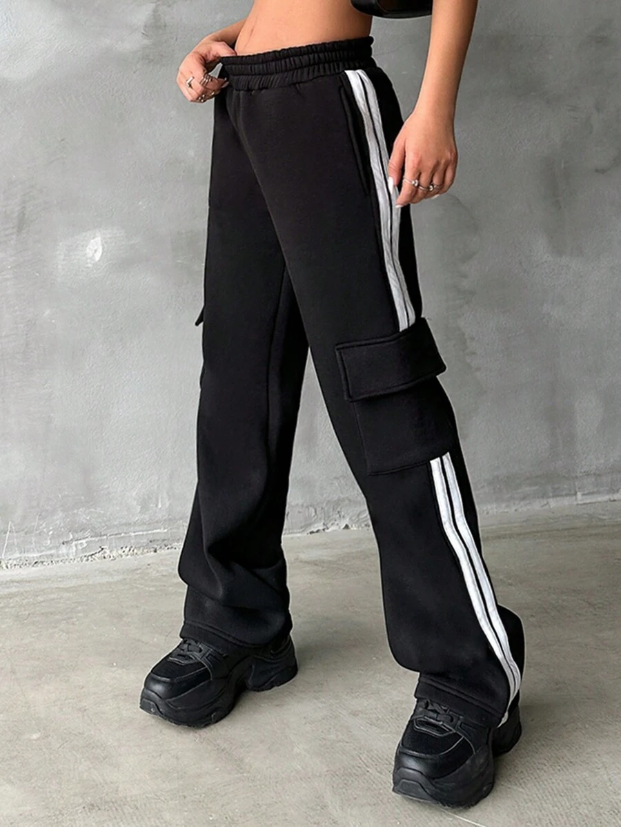 EURMUSE 女士條紋彈性腰汗褲,帶側邊條紋 - 黑色 - 查看 1