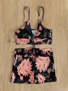 SHEIN Swim Summer Beach Tropical Tankini Set Drawstring Front Cami Top & V-Waist Shorts Bottom 2 Piece Bathing Suit - Multicolor - View 6