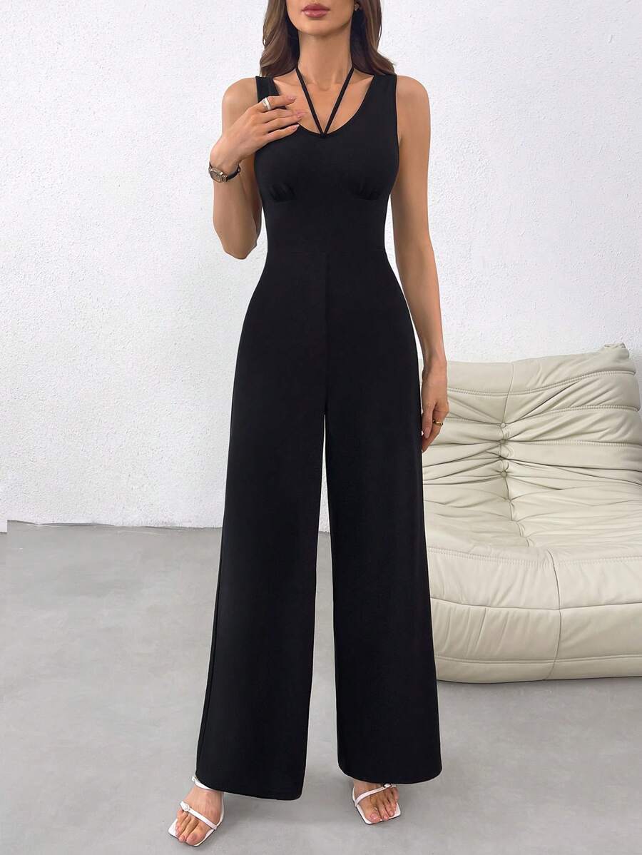 SHEIN Privé Women'S Straight Leg Jumpsuit - Black - View 1