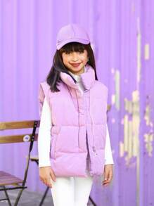 SHEIN 女童純色立領背心外套,冬季 - 紫色 - 查看 1