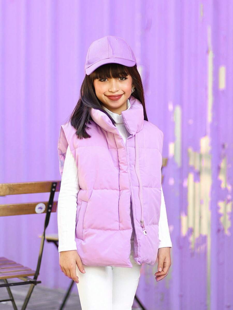 SHEIN 女童純色立領背心外套,冬季 - 紫色 - 查看 1
