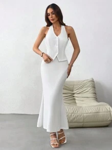 SHEIN Privé 女士純色法式領口露背背心外套和長尾魚裙,適合婚禮、節日、約會和度假 - 白色 - 查看 4