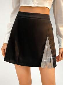 SHEIN Privé Falda Con Abertura Asimétrica Y Decoración De Diamantes De Imitación Brillantes - Negro - Ver 4