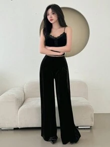 DAZY 女款拼接蕾絲背心褲寬褲套裝 - 黑色 - 查看 5