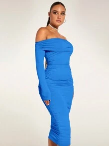 SHEIN BAE Women'S Foldover Off Shoulder Ruched Bodycon Dress - Blue - View 7