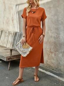 EMERY ROSE Women's Summer Brick Red Round Neck Batwing Short-Sleeve Midi Dress