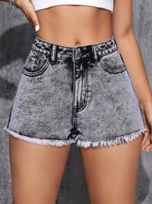 SHEIN EZwear Của phụ nữ Quần short Denim Với Nghiêng Túi Và Frayed Hem - Xám - Xem 3