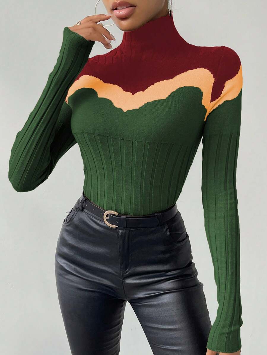 Chiquease Áo len cổ cao phối màu dành cho nữ, áo len chui đầu mùa thu đông. - Nhiều màu - Xem 1