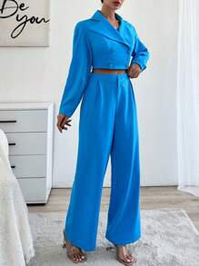 RueChic Ladies' Peak Collar Double Breasted Suit Set - Blue - View 4