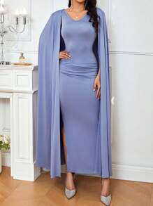 SHEIN Belle Solid Color Cape Sleeve Side Slit Bridesmaid Dress - Champagne - View 3