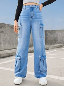 SHEIN 水洗藍高腰寬腿直筒貨物牛仔褲，復古寬鬆斜口袋肥皂袋牛仔褲，街頭休閒時尚風格，兒童牛仔褲和服裝 - 中等水洗藍 - 查看 1