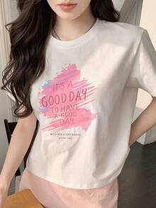 DAZY Camiseta De Manga Corta Para Mujer Con Estampado De Eslogan - Blanco - Ver 7