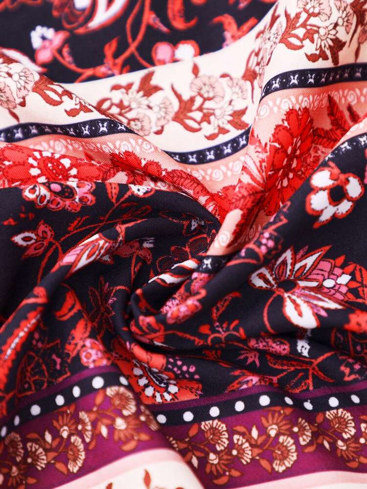 Music Festival Elegant And Sexy Folk All-Over Print And Crossover Halterneck Crop Top And High Slit Skirt Holiday Women's Two Pieces Set