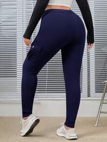 SHEIN EZwear Kích thước lớn Của phụ nữ Dệt kim Giải trí Dài Xà cạp - Màu xanh hải quân - Xem 2
