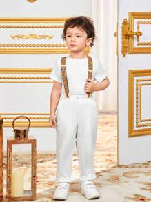 Young Boy Casual Geometric Pattern Overalls With Braces Sibling - White - View 3
