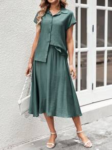 EMERY ROSE Summer Two Piece Outfits Solid Color Shirt & A-Line Skirt Commuting Suit Summer