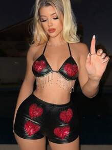 Sweetina 女用閃光心形圖案水鑽流蘇掛脖套裝,打造性感外觀 - 黑色 - 查看 1