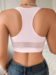 Women's Basic Hollow Out Mesh Top - Pink - View 4