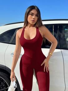 SHEIN SXY Của phụ nữ Không lưng Dây đeo chéo Chặt Áo liền quần - Màu Đỏ Sâu - Xem 3