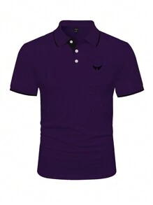 Manfinity Homme 男士紋路印花短袖polo衫,鈕扣半開衣領 - 紫色 - 查看 3