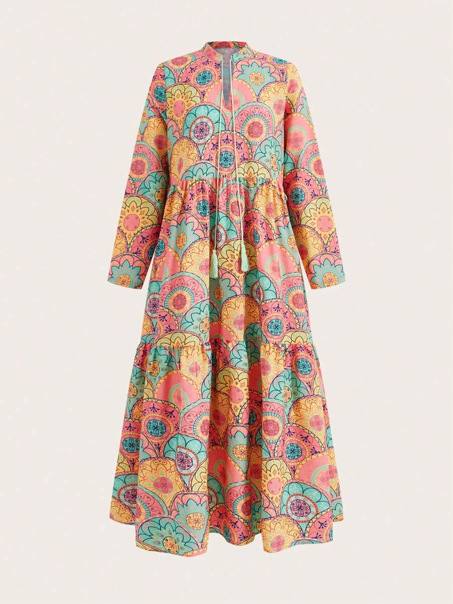 SHEIN LUNE Tie-Front Neck Loose Fit Printed Dress Maxi Women Outfit Fall Cloth For Women