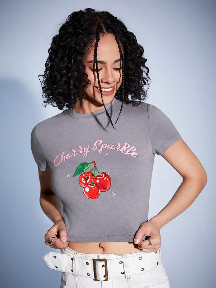 Y2k Casual Short Cropped Slim Fit Cherry Print Women's T-Shirt