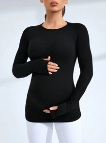 SHEIN 孕婦圓領長袖t恤 - 黑色 - 查看 5