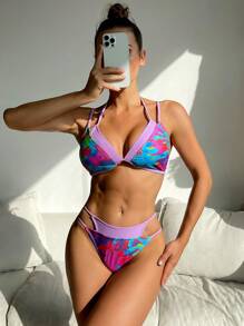 SHEIN Swim 女士全印花二合一比基尼套装 狂欢夏日海滩 - 彩色 - 查看 5