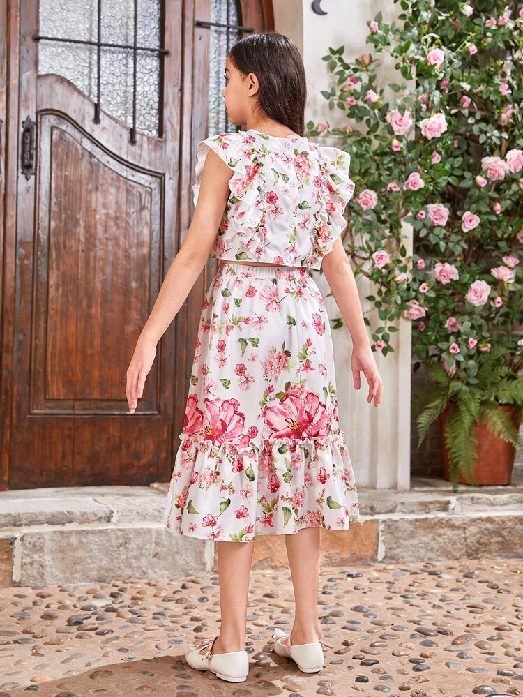 Tween Girls' Floral Printed Sleeveless Shirt With Ruffled Collar And Backless Design & Ruffle Trim Skirt Two Pieces Set