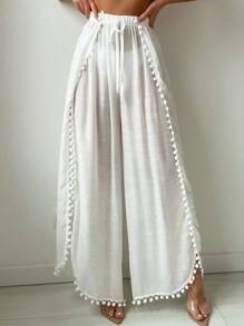 Swim Vcay Summer Beach Women's Beachwear Pom-Pom Trim Tie Front Waist Splice Cover Up Pants
