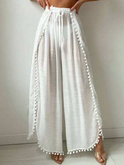 Swim Vcay Summer Beach Women's Beachwear Pom-Pom Trim Tie Front Waist Splice Cover Up Pants