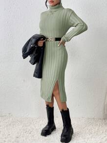 SHEIN Frenchy 女式開衩下擺高領毛衣洋裝