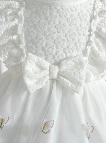 SHEIN 女嬰優雅網紗裙，配有蝴蝶結和繡花，褶邊設計 - 白色 - 查看 4