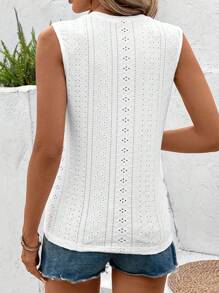 EMERY ROSE V-Neck Hollow Out Embroidery Decor Sleeveless Top With Front Middle Button Decoration - White - View 2