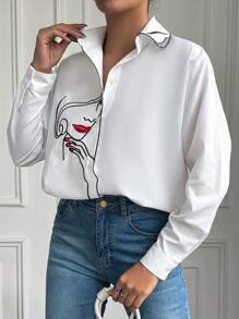 EURMUSE Women'S Abstract Face Printed Long Sleeve Shirt - White - View 5