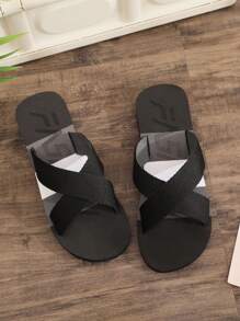 Chaussons D'été Pour Homme Avec Sangle Croisée Sur Le Pied, Noir Et Couleur Bloc, Bride En Tissu, Bout Ouvert, Décontracté, Plage, Extérieur