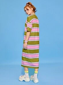 SHEINNeu Women's Round Neck Pink & Green Contrast Color Easter Striped Summer T-Shirt Dress - Pink - View 2