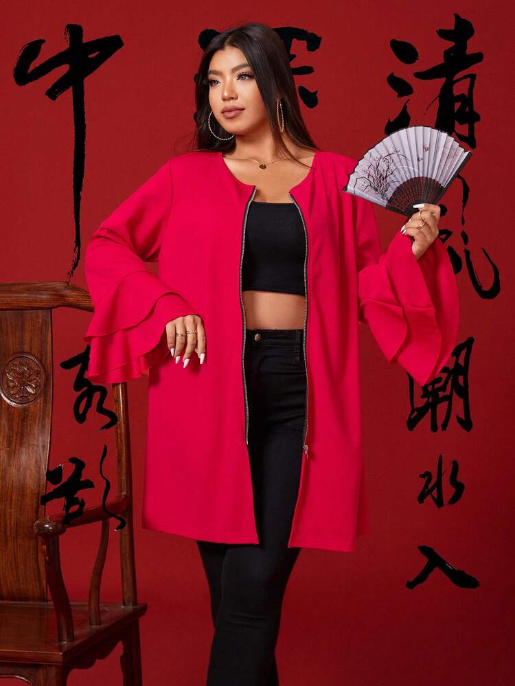 Women'S Plus Size Zipper Up Ruffle Sleeve Jacket Fall Cloth For Women