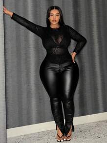 Slaydiva Elegant And Sexy Fitted T-Shirt With Leopard Pattern And Plush Fabric For Plus Size Women - Black - View 4