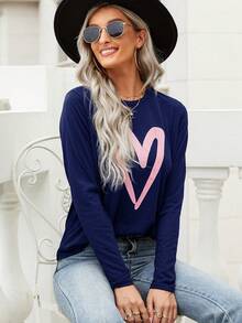 SHEIN LUNE Tim In Tay áo dài Áo thun - Xanh đậm - Xem 6