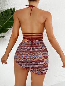 Full Printed Geometric Pattern Bikini Set With Strappy Detailing And Swim Skirt New Year - Multicolor - View 2