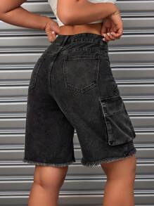 SHEIN ICON Frayed Edge Washed Denim Shorts - Black - View 2