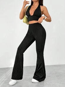 SHEIN Unity Của phụ nữ Quần skinny Áo hai dây Và Quần loe Bộ - màu đen - Xem 4