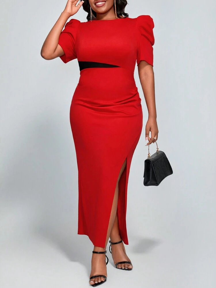 Plus Size Colorblock Split Hem Dress With Gigot Sleeve