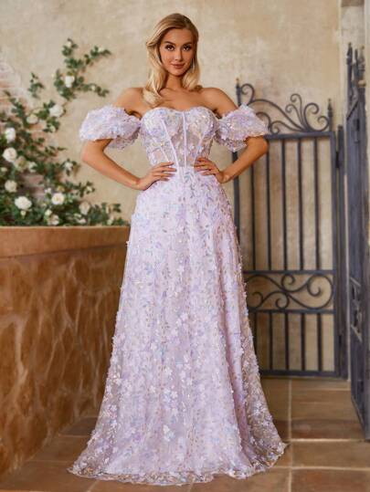 SHEIN Belle Women's Off Shoulder Embroidered Evening Dress