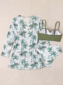 SHEIN 3pcs Solid Color Swimwear Set With Printed Briefs, Cover Up And Bralette,Summer Beach - Green - View 2