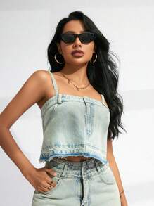 GENKIRA Color Block Stylish Casual Denim Camisole Top - Blue - View 3